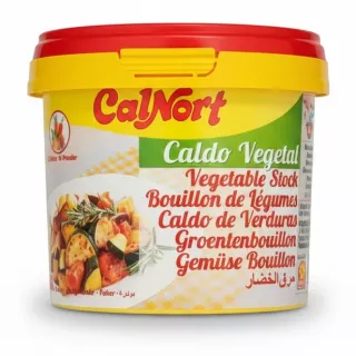 CalNort vegetable stock powder container with yellow and red lid