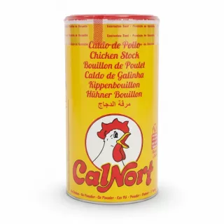 CalNort yellow container of chicken stock powder with red lid and chicken logo