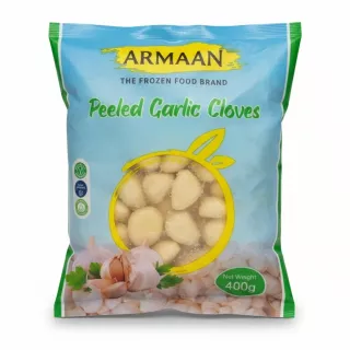 Pack of Armaan frozen peeled garlic cloves in blue and green resealable bag