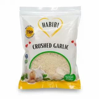 Pack of Habibi Crushed Garlic shows white and yellow packaging with garlic illustration