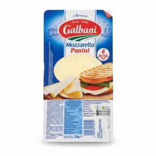 Galbani Mozzarella Panini cheese package front with 6 slices