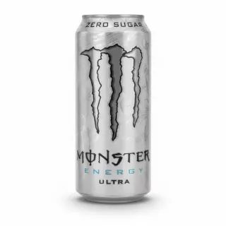 Silver can of Monster Energy Ultra drink with zero sugar label