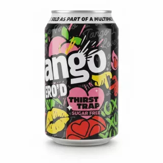 Can of Tango Thirst Trap sugar free peach drink with colourful design