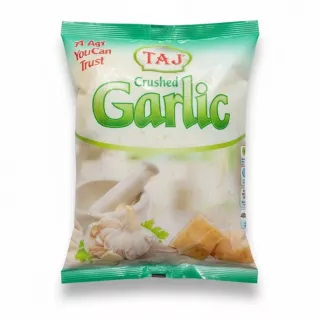 Front view of Taj brand 400g frozen crushed garlic pack showcasing the product and branding
