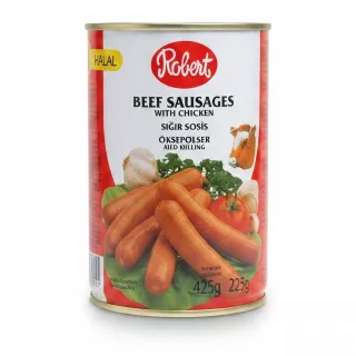 Can of Robert Halal beef sausages with chicken front label
