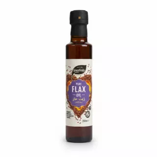 Bottle of Greenfields Pure Flax Oil with labelled front showing flax seeds illustration
