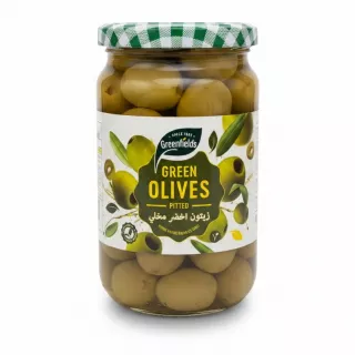 Jar of pitted green olives with checkered lid