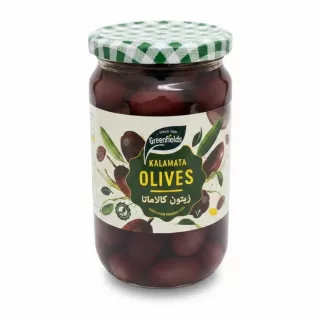 Jar of Greenfields Kalamata Olives with green and white checkered lid