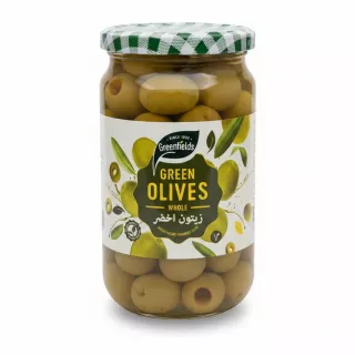 Jar of Greenfields whole green olives with green checkered lid