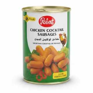 Can of Robert Chicken Cocktail Sausages with halal label
