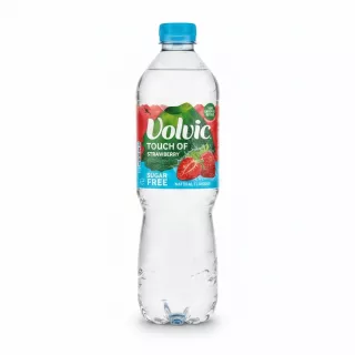 Bottle of Volvic Touch of Strawberry flavoured mineral water front view
