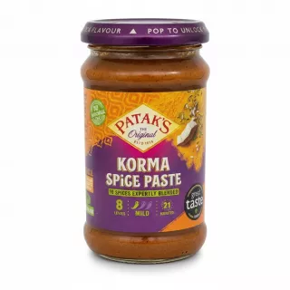 Glass jar of Patak's Korma Spice Paste with purple and orange label