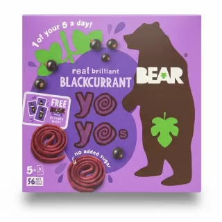 Box of Bear Blackcurrant Yoyos fruit rolls with blackcurrant and bear logo