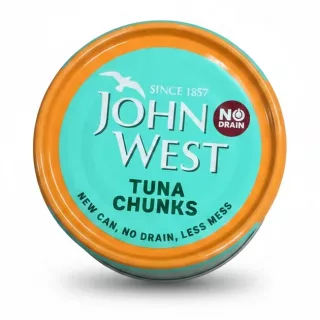 Tin of John West Tuna Chunks with orange and turquoise label