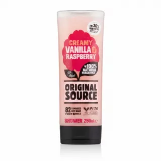 Original Source creamy vanilla and raspberry shower gel bottle front view
