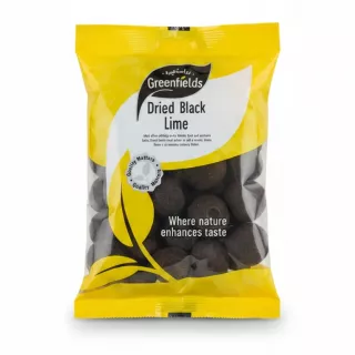 Greenfields branded packet of dried black lime with yellow and transparent packaging showing product inside