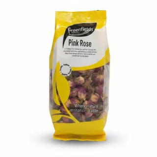 Packaged Greenfields Pink Rose herbal tea with yellow and transparent wrapping showing dried pink rose buds