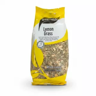 Packaged dried lemongrass herb in yellow Greenfields bag