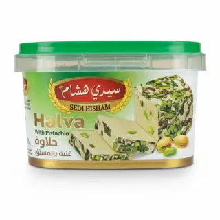 Plastic tub of Sedi Hisham Halva with pistachios on packaging