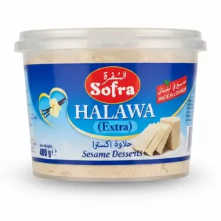 Sofra Halawa sesame dessert in clear plastic tub with blue label