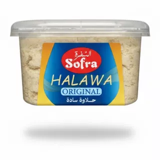 Sofra Original Halawa plastic container held in hand showing front label