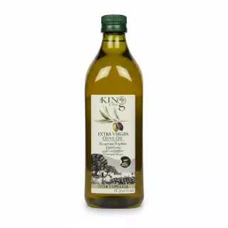 1 litre bottle of King of Olives Extra Virgin Olive Oil front label showing olive illustration