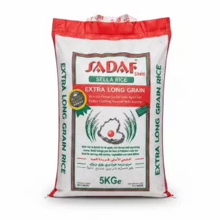 5kg bag of Sadaf Sella Extra Long Grain Rice front view