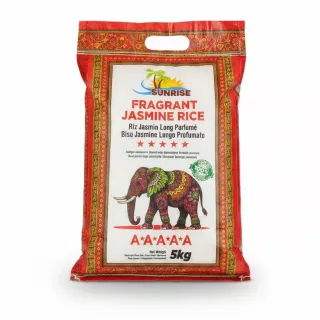 Sunrise Fragrant Jasmine Rice 5kg bag front packaging with decorative elephant