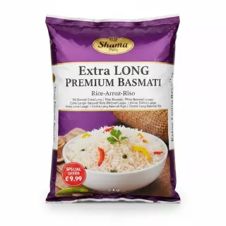 5 kg bag of Shama Extra Long Premium Basmati rice with vibrant purple and white packaging