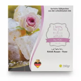 Box of Daraa Alkor Raha Rose Syrian sweets with rose flower decoration
