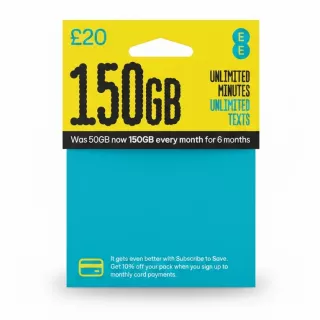 EE SIM pack card front with 150GB data offer