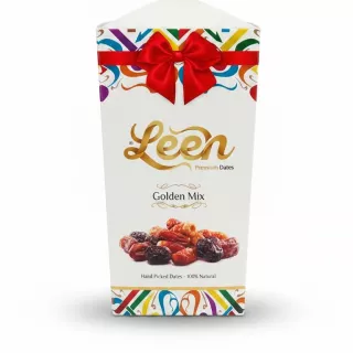 Leen Premium Dates Golden Mix box front showing product name and mixed dates image