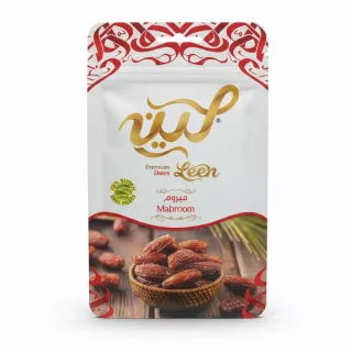 Package of Leen Premium Mabroom Dates with red decorative pattern