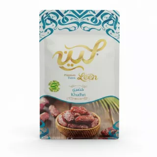 Leen Premium Khudhri Dates front packaging with basket of dates image