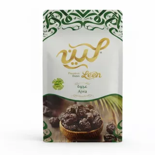 Front packaging of Leen Premium Ajwa Dates showing the product and brand logo
