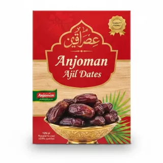 Box of Anjoman Ajil Dates in ornate bowl