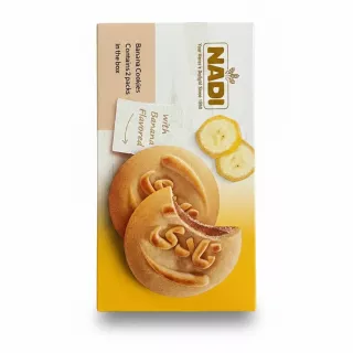 NADI Banana Flavour Cookies box showing two cookies and banana slices