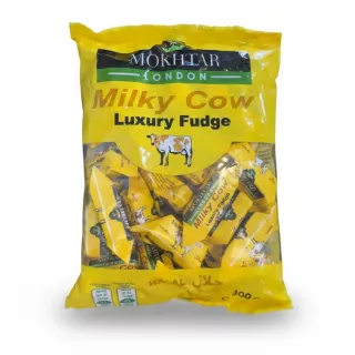 Pack of Mokhtar London Milky Cow Luxury Fudge with bright yellow packaging