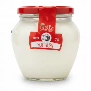 Melis Sheep Yoghurt in a clear glass jar with red lid and label