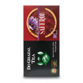 Do Ghazal Black Tea with Saffron packaging front showing a bowl of saffron strands and flower