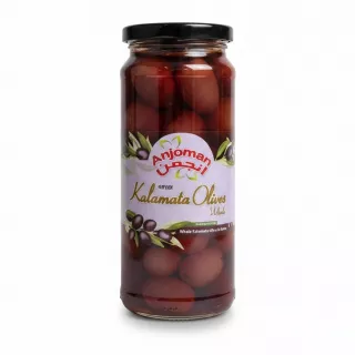 Jar of Anjoman Greek Kalamata whole olives in brine