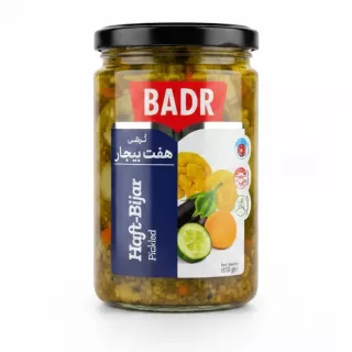 Jar of Badr Pickled Haft-Bijar mixed vegetables with label