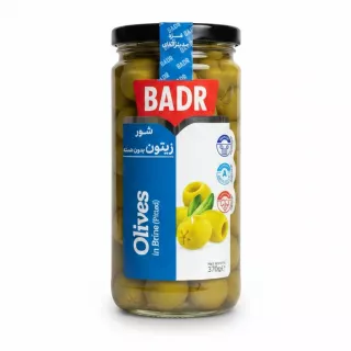 Jar of Badr pitted green olives in brine with label front visible