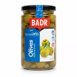Jar of Badr pitted green olives in brine front view