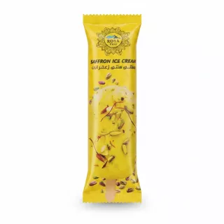 Roya Frost saffron ice cream stick with pistachio pieces in yellow packaging