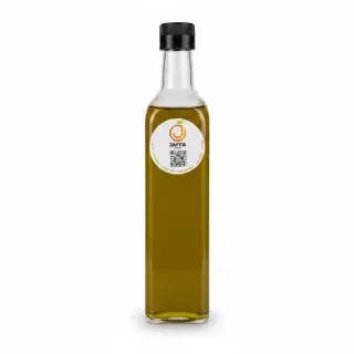 Glass bottle of Jaffa Food olive oil with label and black cap