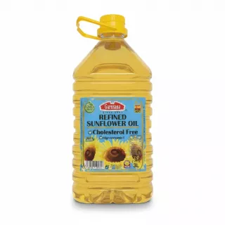 Large plastic bottle of Garusana refined sunflower oil with blue label and yellow cap