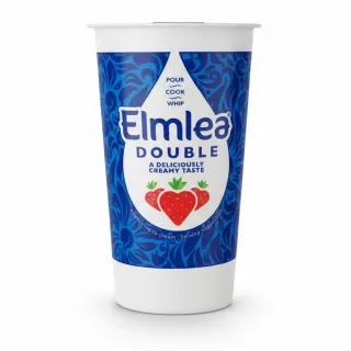 Elmlea Double Cream container with blue and white design and strawberry graphics