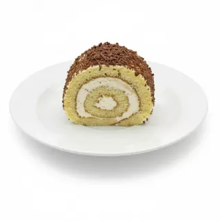 Close-up of single Halalo creamy chocolate Swiss roll slice on a white plate