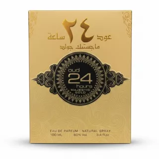 Front view of Oud 24 Hours Majestic Gold perfume box showing Arabic and English text